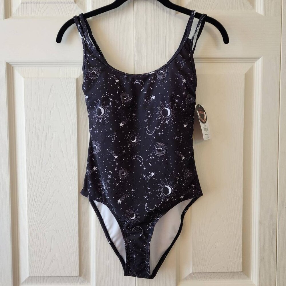 No Boundaries Black Swimsuit Bathing Suit Size S Celestial Stars and Moon Print